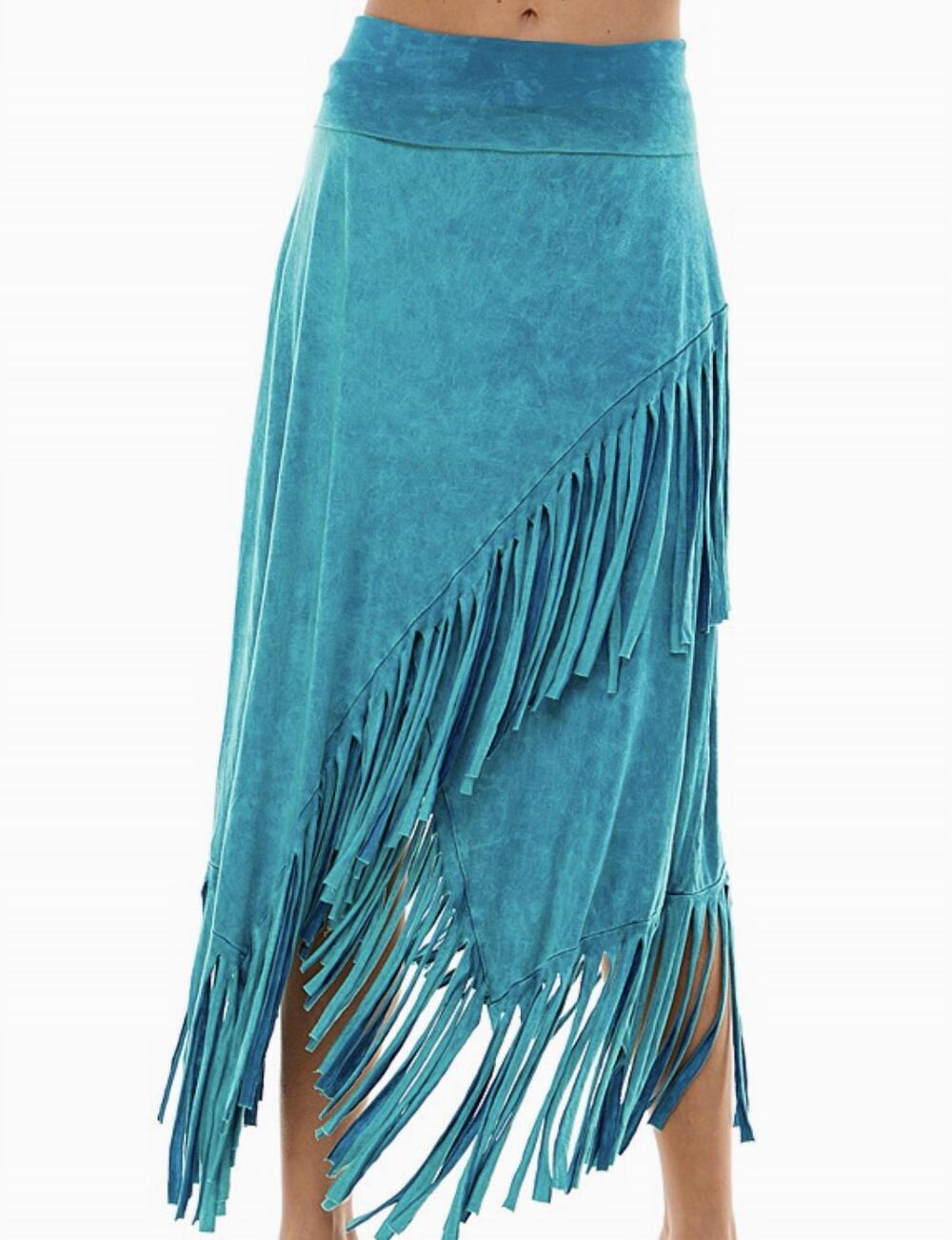 NEW T-PARTY women's high low diagonal fringe skirt in mineral wash jade